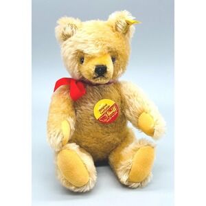 Steiff Original Teddybear Gold Plush 0201/26 Austria Red Bow Jointed Bear 9.5"